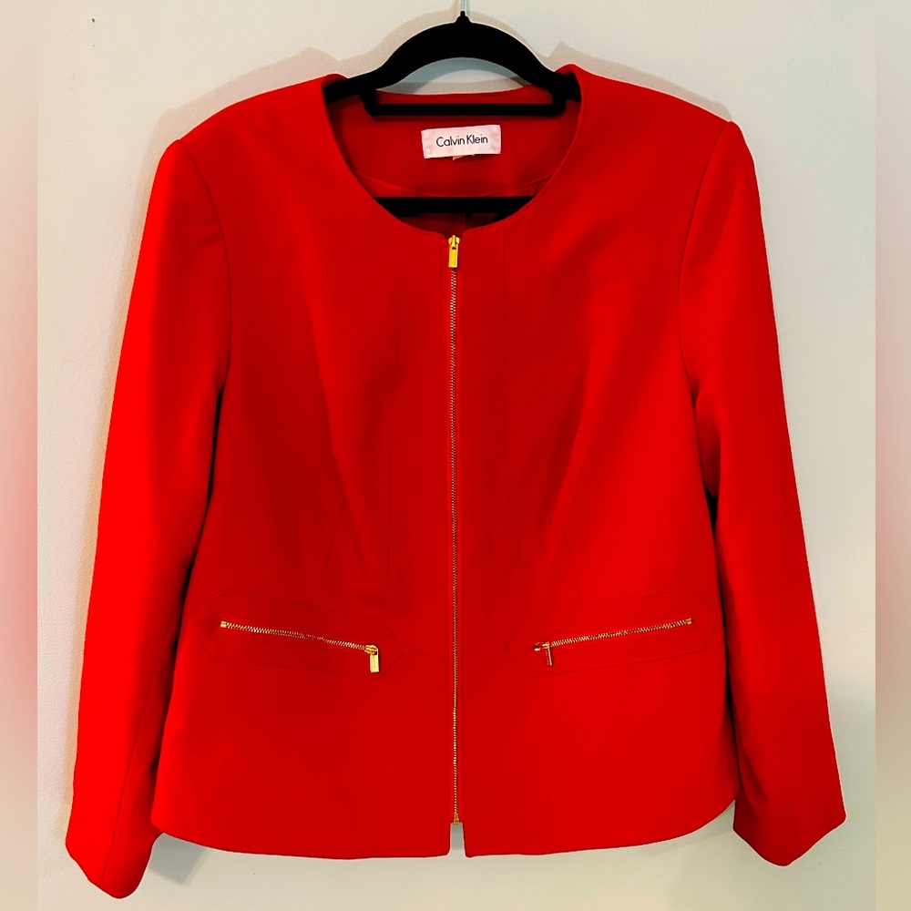 Calvin Klein Womens 14 Petite‎ Blazer Red Gold Full Zip Stretch Long Sleeve